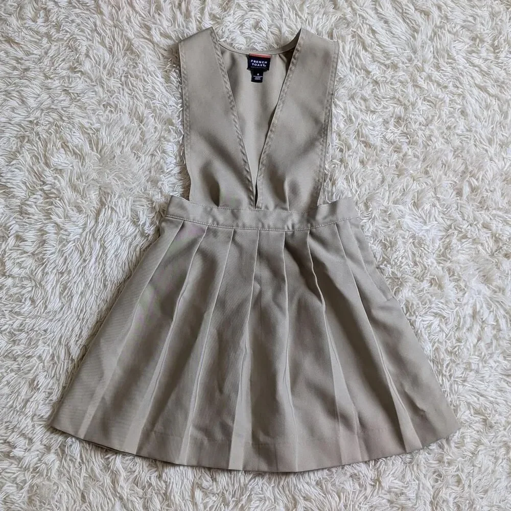 French Toast Girls Size 6 Khaki Beige Wide Strap V-Neck Uniform Jumper